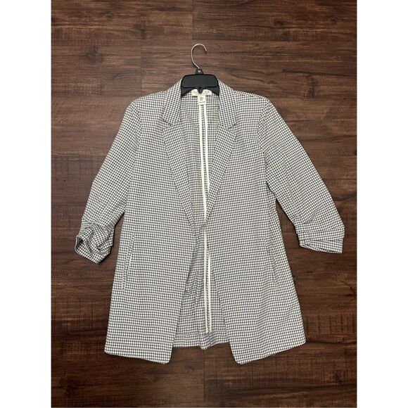 Rachel Zoe Open Front Blazer, White Black Check 3/4 Sleeve Ruched, Sz Medium - Picture 1 of 7
